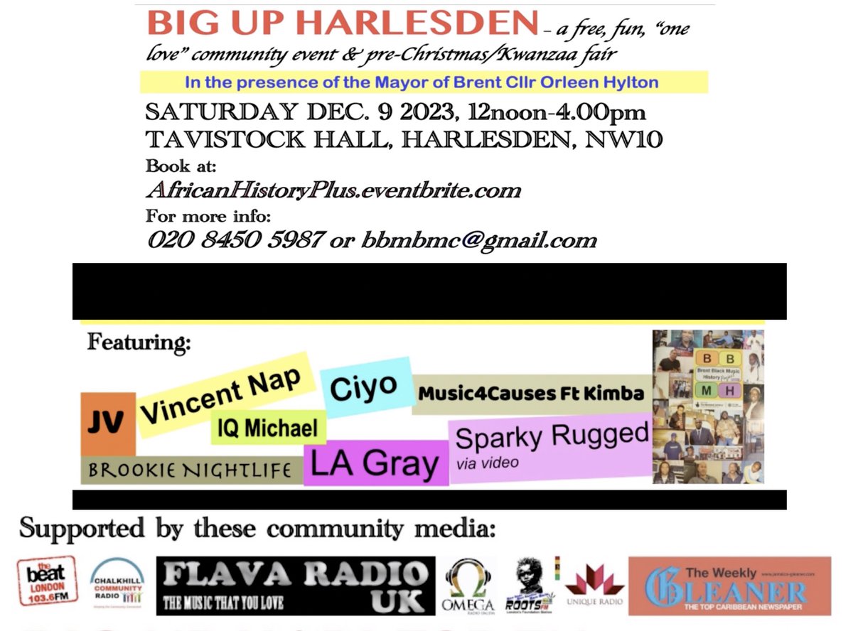 @Andherewego__ @JETUK3 engage with Big Up Harlesden Tavistock Hall, Harlesden Saturday Dec. 9 12noon-4.00pm #BigUpHarlesden #Brent #Harlesden #Reggae #Music #History #Wellness #Climate #Crafts #Books #Records #Youth #Community #Kwanzaa #Stalls bit.ly/BigUpHarlesden