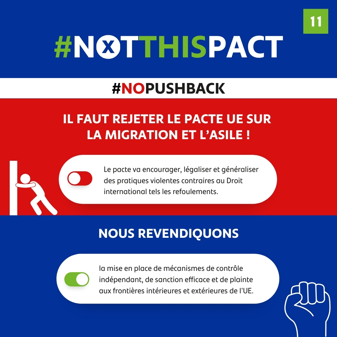 cncd111111's tweet image. Le Pacte européen sur l'asile &amp;amp; la migration va permettre la légalisation de pratiques violentes contraires au Droit international.
Nous réclamons un mécanisme de contrôle indépendant, de sanction efficace &amp;amp; de plainte aux frontières int. et ext. de l'UE.
#NotThisPact #NoPushback