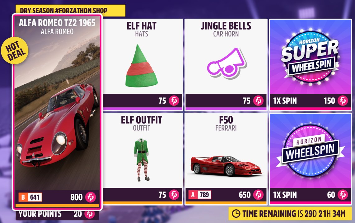 #ForzathonShop Series 28 - Dry Season #1 '65 Alfa Romeo TZ2 - 800fp Ferrari F50 - 650fp Elf Hat (Hats) Elf Outfit (Outfit) Jingle Bells (Car Horn) Don't forget, there will be special deals available in the Forzathon shop between 24th – 26th December and between 31st December –…