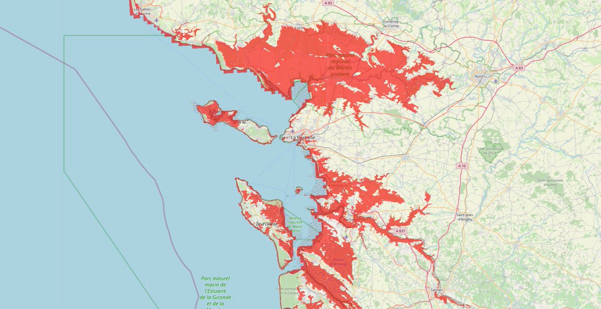 Dans le cas d'un réchauffement climatique modéré (RCP4.5), la France se verra amputée de plusieurs centaines de milliers de terres agricoles (salinisation et remontée du niveau de la mer).
La plaine maritime de Flandres, le marais poitevin, el marais breton et la Camargue sont