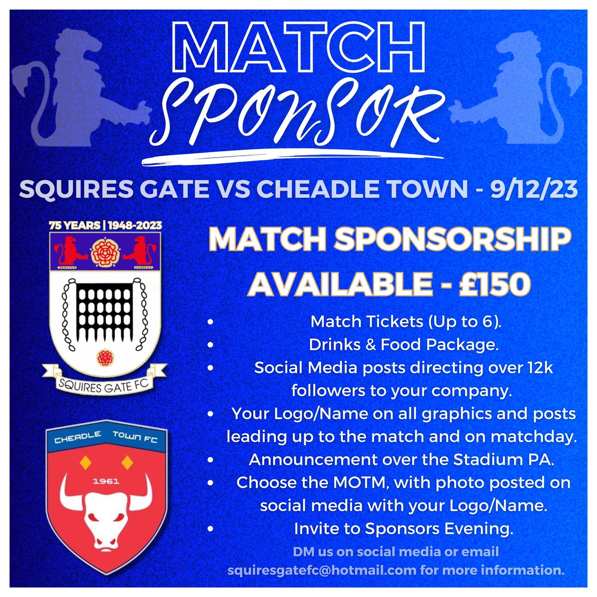 squiresgatefc's tweet photo. 📌 𝗠𝗔𝗧𝗖𝗛 𝗦𝗣𝗢𝗡𝗦𝗢𝗥

ℹ️ Our Match Sponsorship package is available for Saturday’s match at home to @CheadleTownFC, priced at just £150 with plenty of perks! 

📩 Send us a DM or email us at squiresgatefc@hotmail.com for more information.

🔷 #WeAreGate | #75Years https://t.co/WR2DkJagwX