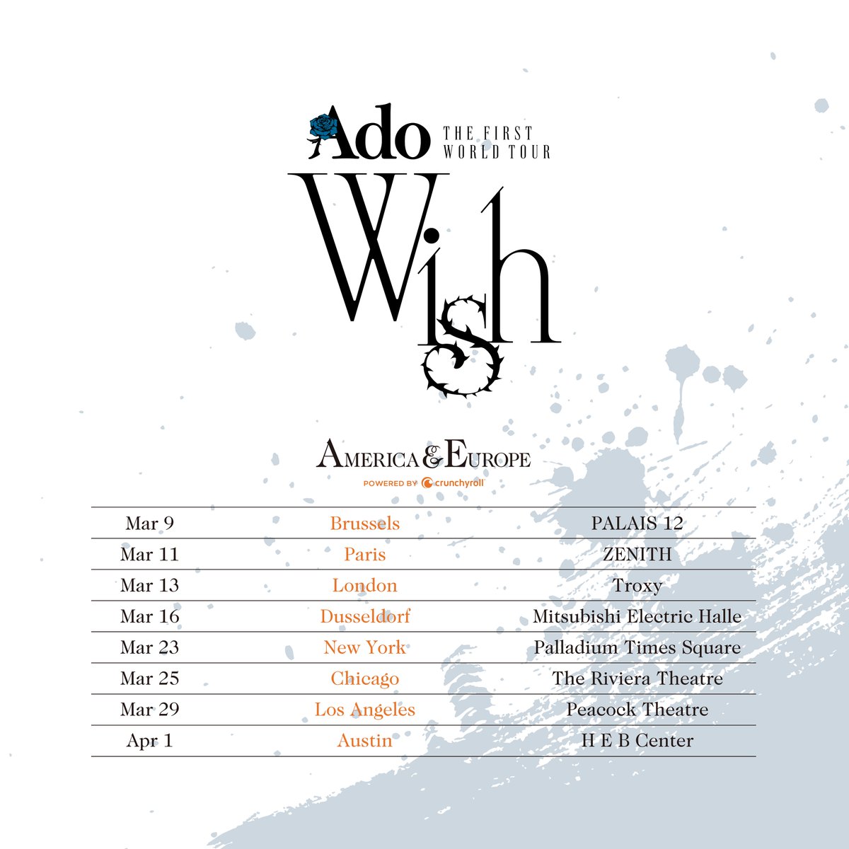 Crunchyroll_fr's tweet photo. 🔥 ADO EN EUROPE  🔥

Retrouvez la superstar @ado1024imokenp pour sa 1ère tournée mondiale "Wish" à Bruxelles et Paris les 9 et 11 Mars 2024 !  🎤 
Elle a notamment interprété les musiques de One Piece Red, Ussewa et bien d'autres !

🗓️ Prévente exclusive le 11 décembre à 16h, avec un code à retrouver sur Crunchyroll News !