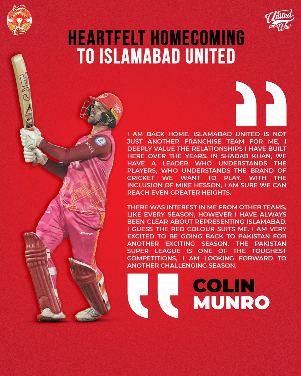 Islamabad United (@isbunited) on Twitter photo "Back home with #ISLU," says <a href="/manuz05/">Colin Munro</a>. โค๏ธ
Cherishing deep-rooted bonds and valuing the leadership of <a href="/76Shadabkhan/">Shadab Khan</a>, he's all in for our brand of cricket.
With <a href="/CoachHesson/">Mike Hesson</a> on board, he's ready to ROAR! ๐
#UnitedWeWin #HBLPSL9 "Back home with #ISLU," says <a href="/manuz05/">Colin Munro</a>. โค๏ธ
Cherishing deep-rooted bonds and valuing the leadership of <a href="/76Shadabkhan/">Shadab Khan</a>, he's all in for our brand of cricket.
With <a href="/CoachHesson/">Mike Hesson</a> on board, he's ready to ROAR! ๐
#UnitedWeWin #HBLPSL9
