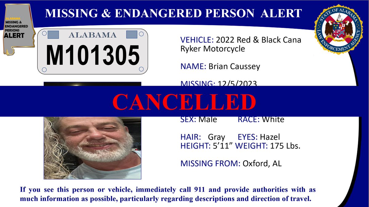 ALEA has cancelled a missing person alert. Please share.