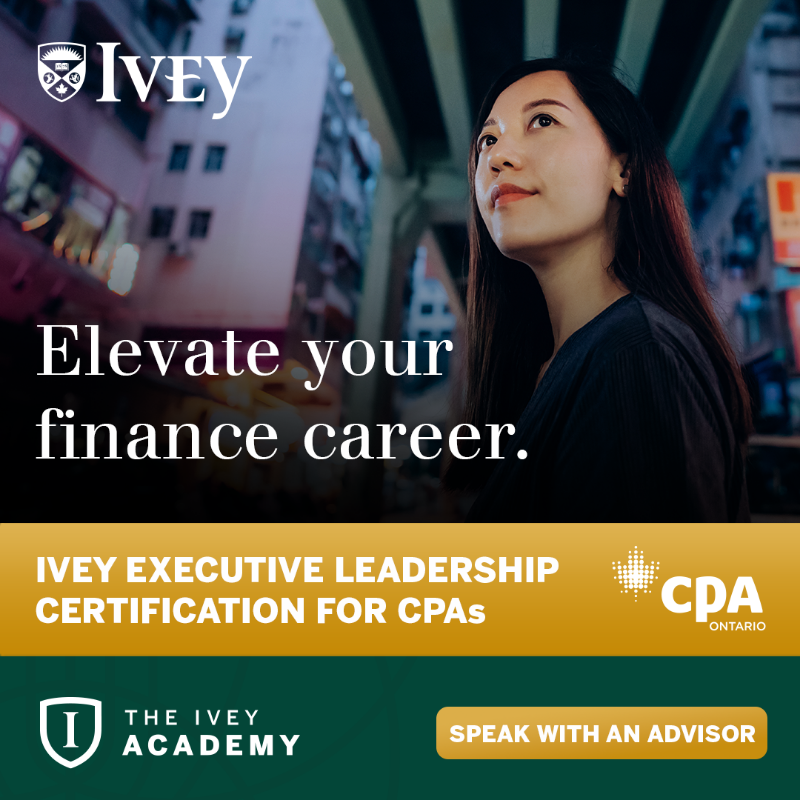 CPA_Ontario's tweet photo. The Ivey Executive Leadership Certification for CPAs is a prestigious program developed through collaboration between CPA Ontario and The @IveyAcademy at @IveyBusiness School, Canada’s number 1 ranked provider of executive education.

Register before December 15.