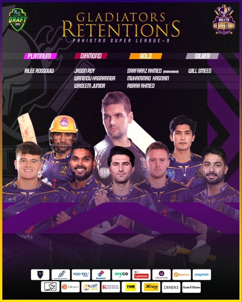 The final retentions of Quetta Gladiators are here ahead of the HBLPSL 9 Draft @TeamQuetta Would have liked to retain a few more like every other team but could only retain 8 thus this list was finalized 😊 #WeTheGladiators #ShaanePakistan #PurpleForce