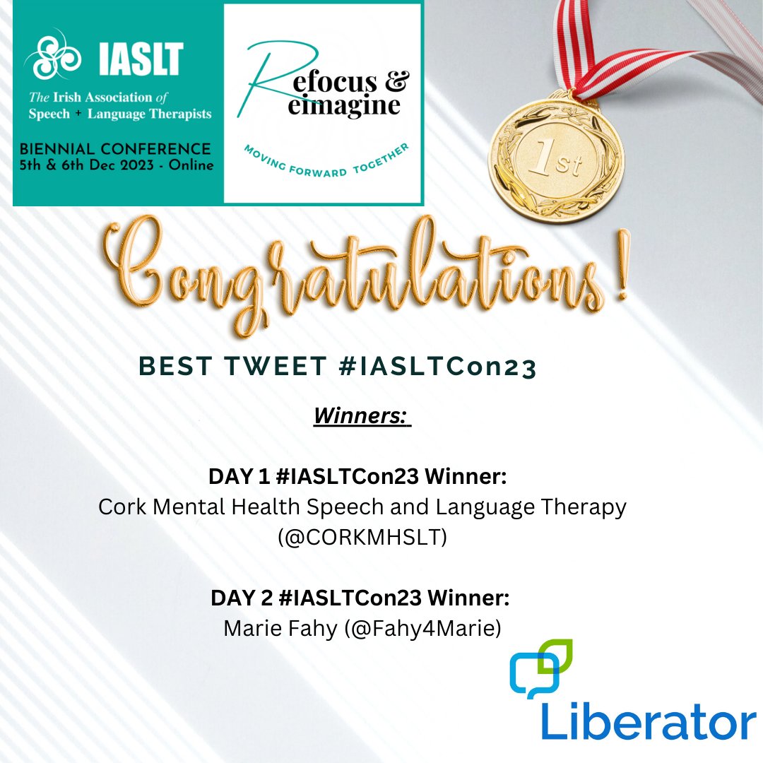 Thank you to Liberator for sponsoring the prizes for 'Best Tweet' for both days of '#IASLTCon23.
Congratulations to our winners: Cork Mental Health Speech and Language Therapy <a href="/CorkMHSLT/">Cork Mental Health Speech & Language Therapy</a> and Marie Fahy <a href="/Fahy4Marie/">Marie Fahy</a>
