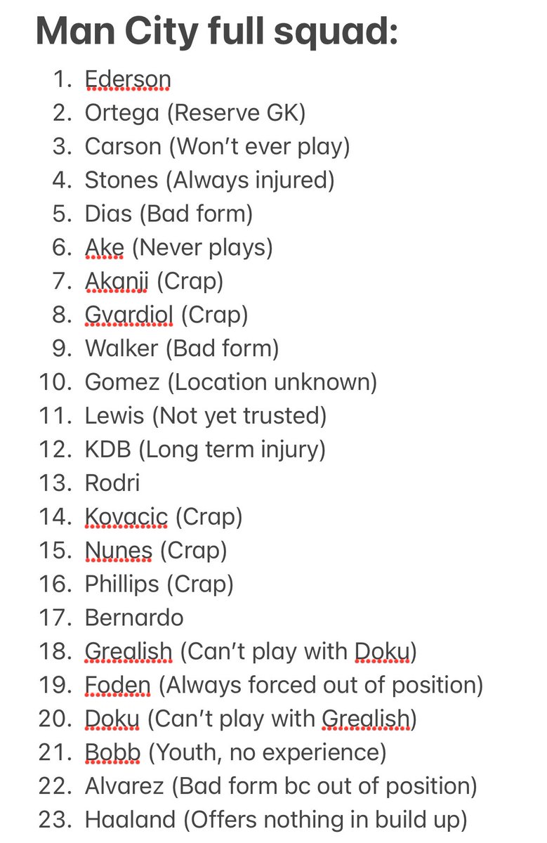 mcfcIeo_'s tweet photo. When you look at our squad it’s no wonder we’re struggling. The amount of deadwood, caveats and issues is something never before seen. Pep practically doesn’t get to pick his starting XI these days, it’s more of a jigsaw puzzle trying to stitch together the only possible solution https://t.co/b6qynVuUJm
