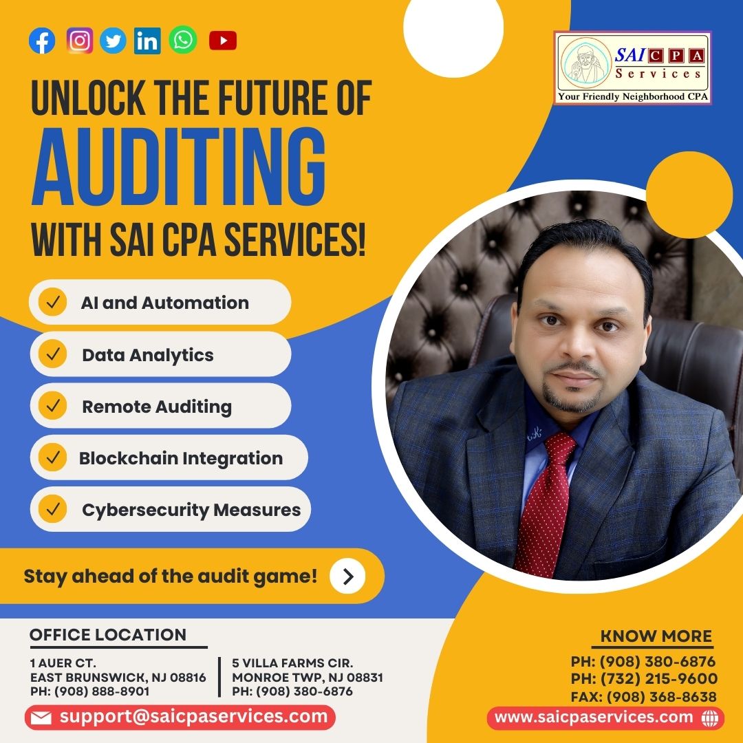 Unlock the future of auditing with Sai CPA Services!🔍🚀Embrace AI and automation, integrate blockchain, leverage data analytics, conduct remote auditing, and fortify with cybersecurity measures.
Contact Us:
(908) 380-6876
#FutureOfAuditing #AIandAutomation #BlockchainIntegration