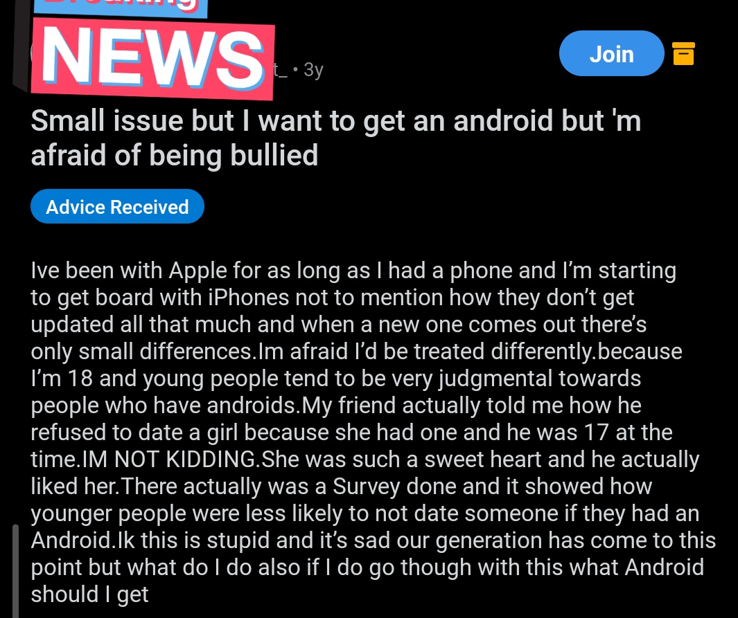 msnofficial_on's tweet photo. nO oNe Is BuLlIeD iNtO uSiNg IpHoNeS iT's AlL mAdE uP

So according to some people here on twitter, it's OK when apple goes against it's own guidelines to make androids look bad and get android users bullied but it's a sin when a company tries to stand up against it. https://t.co/dU56drzid2