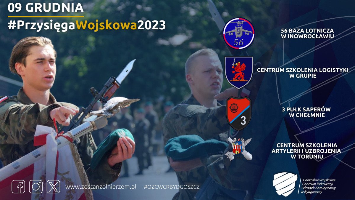 WCRGrudziadz's tweet photo. 📢 Już w najbliższą sobotę, 9️⃣ grudnia zapraszamy na uroczyste przysięgi wojskowe żołnierzy 🪖#DZSW w: #3PSAP w #Chełmno godz. 09.00
#56BL w #Inowrocław godz. 11.00
#CSAiU w #Toruń godz. 10.00
#CSLog. w #Grupa godz. 11.30
#ZostańŻołnierzem 🇵🇱 https://t.co/nhvd05Nc8n
