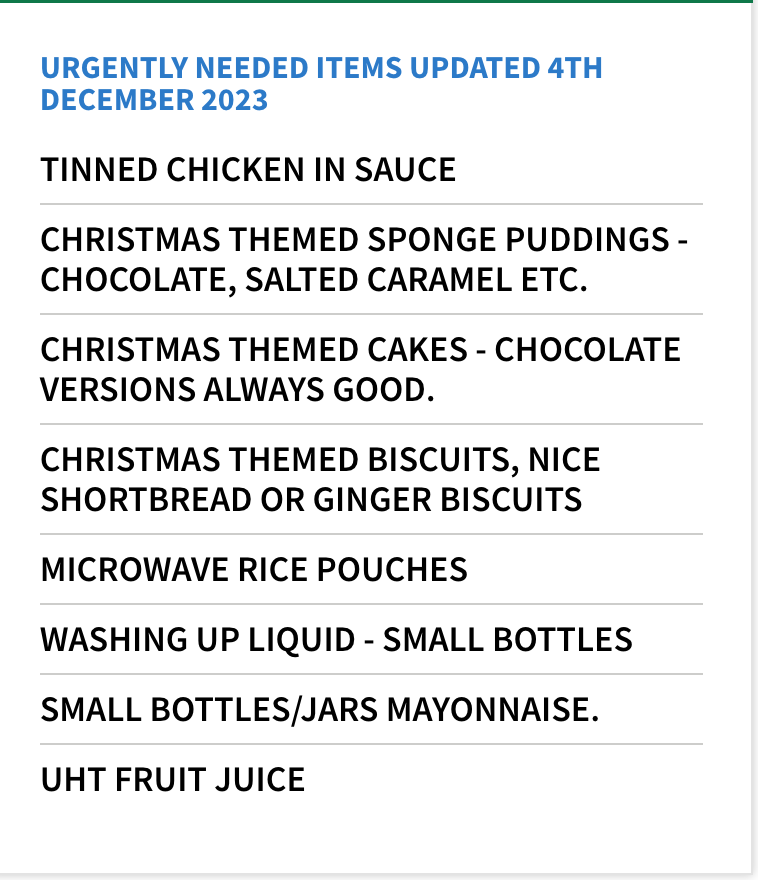 BrixtonFoodbank's tweet photo. It's the lead up to Christmas &amp; the basics are needed more than ever. Our top 5 needs for this week:

tin custard
tin potatoes
cooking sauce jars
jam/honey
sanitary pads

AND items listed in image below 👇

All details on how/where to donate are here: https://t.co/eIvlMYVKZI https://t.co/vb111xoDgm