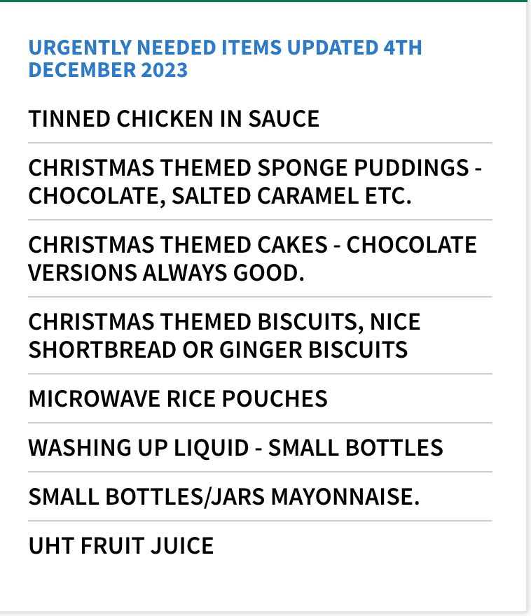 It's the lead up to Christmas & the basics are needed more than ever. Our top 5 needs for this week: tin custard tin potatoes cooking sauce jars jam/honey sanitary pads AND items listed in image below 👇 All details on how/where to donate are here: norwoodbrixton.foodbank.org.uk/give.../donate…