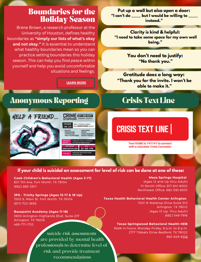 Check out the November &amp; Winter 2023 Social-Emotional Wellness newsletters from HEB ISD's Crisis Intervention &amp; Prevention Team!   These Fall newsletters focus on holidays, depression, setting boundaries, and more: hebisd.edu/Page/1720
