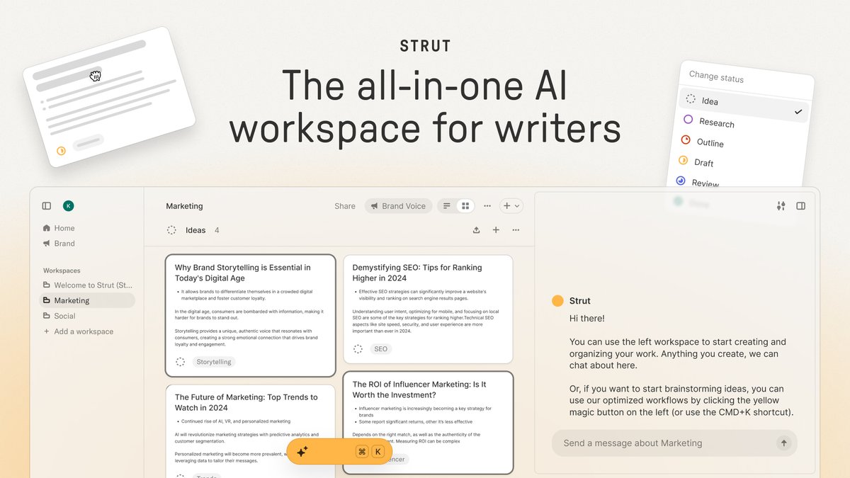 JordanMenashy's tweet photo. New Strut is live – introducing our new all-in-one AI workspace dedicated to writers.

Too many AI tools are being built to “automate” writing. When in reality, the quality sucks, and they’re being used to spam the internet.

With Strut, we’re doing the opposite. Let's dive in 👇 https://t.co/dF3fMX1Bj5