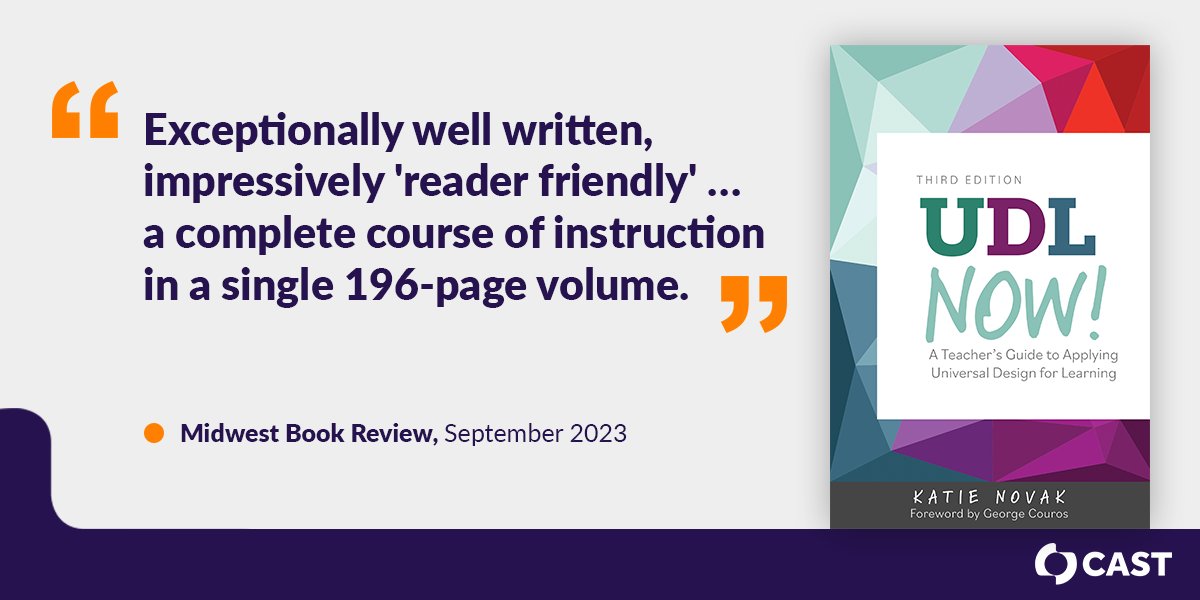 CAST_UDL's tweet photo. UDL NOW! by @novak_education is “exceptionally well written, impressively 'reader friendly' in organization and presentation…” –Midwest Book Review. Now available in Spanish and as an audiobook! https://t.co/zoMlD0cvgi #UDL #education #TeachersOfInstagram #UDLnow https://t.co/IwOQ9xBVyl