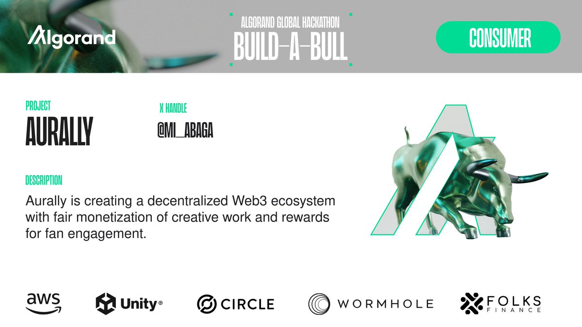 Get ready for the #BuildABull Grand Finale Demo Day.

Meet Aurally by <a href="/MI_Abaga/">MI Abaga</a>, winner of the Consumer track sponsored by <a href="/awscloud/">Amazon Web Services</a>.

Their vision is to democratize the creative industry and ensure artists are paid fairly.

View the project: dorahacks.io/buidl/8081