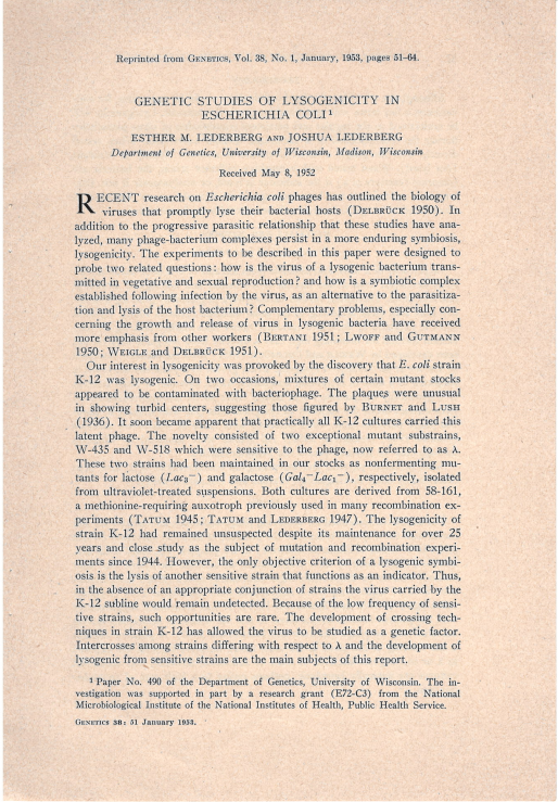 #ThrowbackThursday! Dr. Esther Lederberg discovered lambda phage—the first known virus with a lytic-lysogenic life cycle. She reported on the findings in a 1953 paper (below), available at the Center for the History of Microbiology/ASM Archives: asm.social/1AV (1/2)