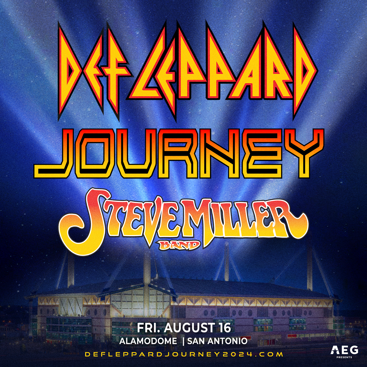 San Antonio, Journey and Def Leppard announce The Summer Stadium Tour 2024 is coming to the Alamodome. Sign up for presale now and get ready to rock all night on Friday, Aug. 16 with Journey / Def Leppard, and Steve Miller Band.

🎟 defleppardjourney2024.com