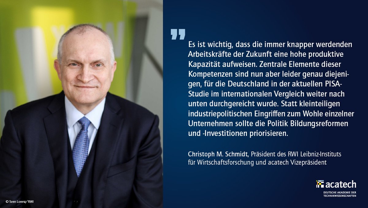 acatech_de's tweet photo. 📚 Angesichts der #PISA Ergebnisse fordern die acatech Mitglieder Olaf Köller, @IPN_Kiel, und Kristina Reiss, @TU_Muenchen, eine neue #Didaktik für den Unterricht in #Mathematik und acatech Vizepräsident Christoph M. Schmidt, @RWI_Leibniz, mehr Gewicht für #Bildung. #MINT https://t.co/kN2gNAGB45