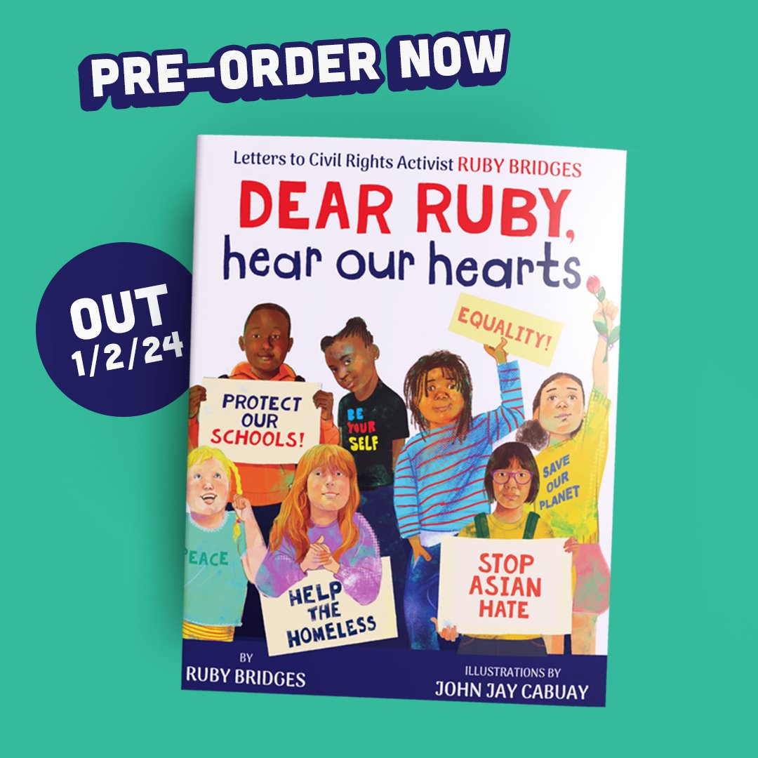 Scholastic's tweet image. Today is #NationalLetterWritingDay, and the perfect day for a preview of Dear Ruby, Hear Our Hearts by civil rights activist and icon Ruby Bridges, on sale 1/2/24. bit.ly/3uJKMr4
