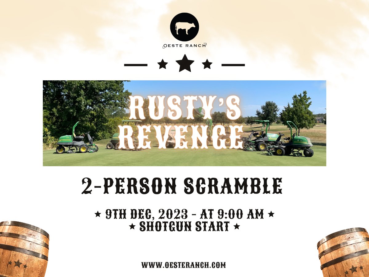 GolfOeste's tweet photo. LAST CHANCE to sign up for Rusty's Revenge!
2-Person Scramble
December 9th, 2023 - at 9:00 AM • Shotgun Start
$80 Entry Fee • $40 for Annual Pass Holders • Includes Golf, Prizes, Raffle &amp; Lunch.
Call To Sign Up! Registration Deadline: TODAY December 7th https://t.co/w3GSqpXAtD