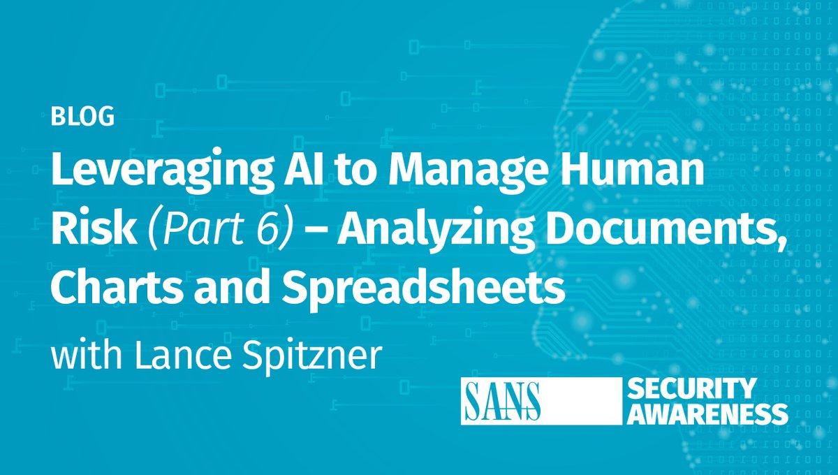 SANS Security Awareness (@sansawareness) on Twitter photo ๐ต๏ธโโ๏ธ In his latest blog on using AI to reduce human risk, <a href="/lspitzner/">Lance Spitzner</a> takes us through how to use AI to analyze many types of data.
๐งโ๐ป Read the blog post now! sans.org/u/1tRk ๐ต๏ธโโ๏ธ In his latest blog on using AI to reduce human risk, <a href="/lspitzner/">Lance Spitzner</a> takes us through how to use AI to analyze many types of data.
๐งโ๐ป Read the blog post now! sans.org/u/1tRk
