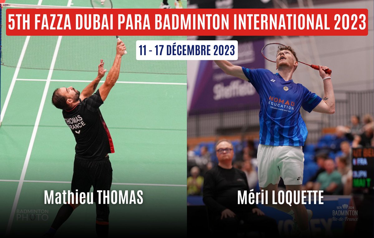 Tournoi international Parbadminton à Dubaï 🏸🇦🇪 La semaine prochaine, nos franciliens @Loquette4 et @MParabad vont à Dubaï pour le dernier tournoi parabadminton de l'année ! 💪 Bonne chance à eux et rendez-vous la semaine d'après pour les résultats 🤩🍀