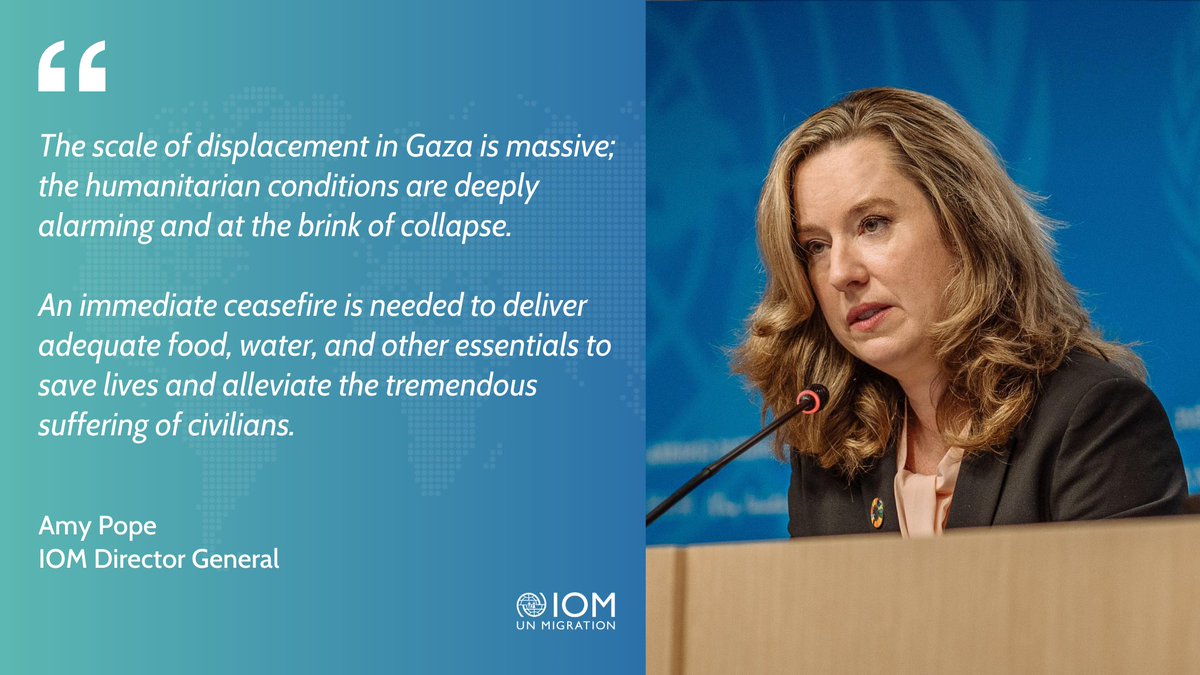 I echo @antonioguterres call for lasting and immediate humanitarian ceasefire in #Gaza. The people of Gaza must have immediate access to safe shelter, medical care, food, hygiene and sanitation facilities and ensure that family members are not separated. iom.int/GazaPressRelea…