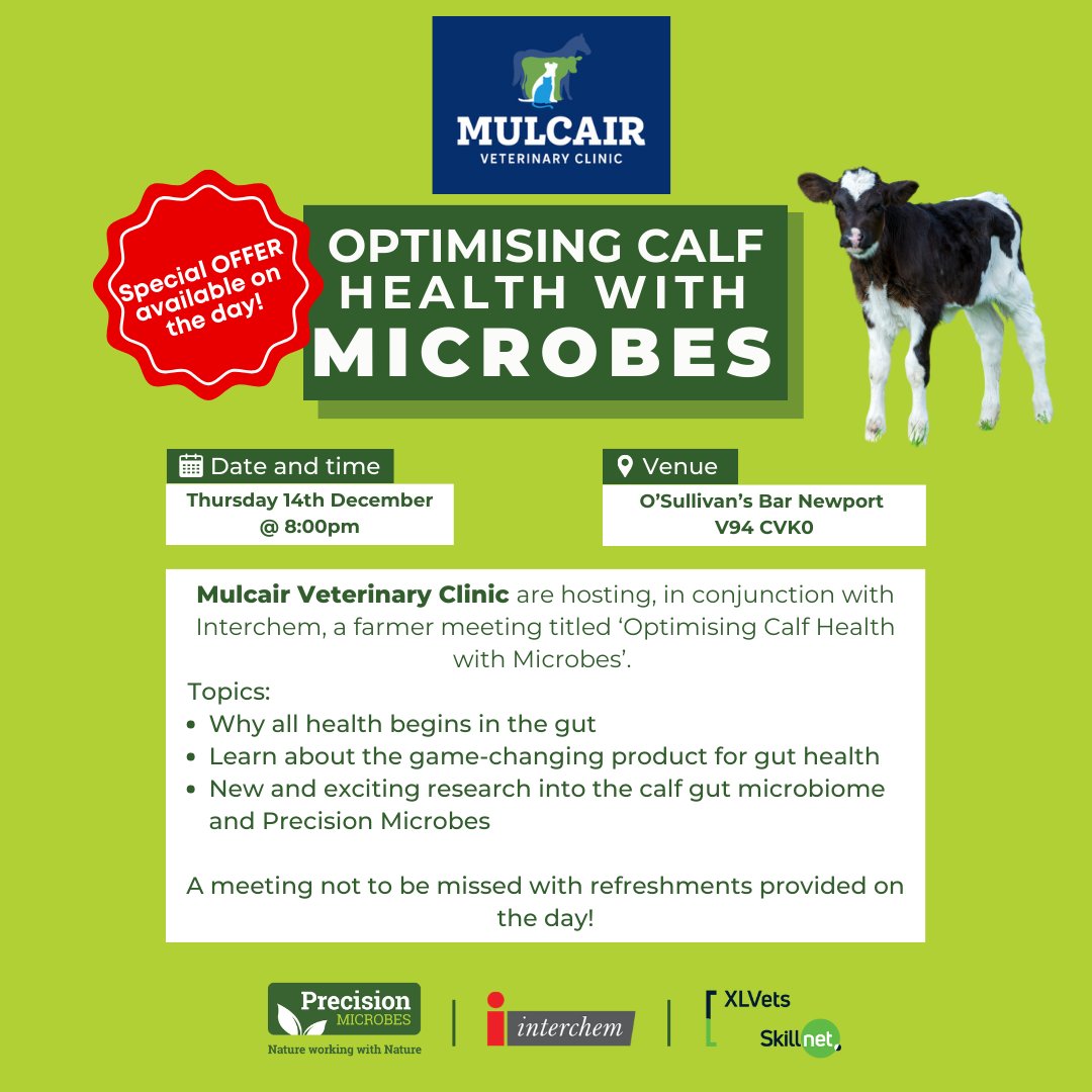Join us &amp; Mulcair Veterinary Clinic on Thursday, 14th December, at 8:00p.m. <a href="/tommythevet/">Tommy Heffernan 🦠🦠🦠</a> &amp; the Mulcair team will discuss calf health, gut health &amp; Precision Microbes.
Location: O’Sullivan’s Bar Newport V94 CVK0
Looking forward to seeing you there!
<a href="/mulcairvets/">Mulcair Veterinary Clinic</a> <a href="/PM_animalhealth/">Precision Microbes</a>