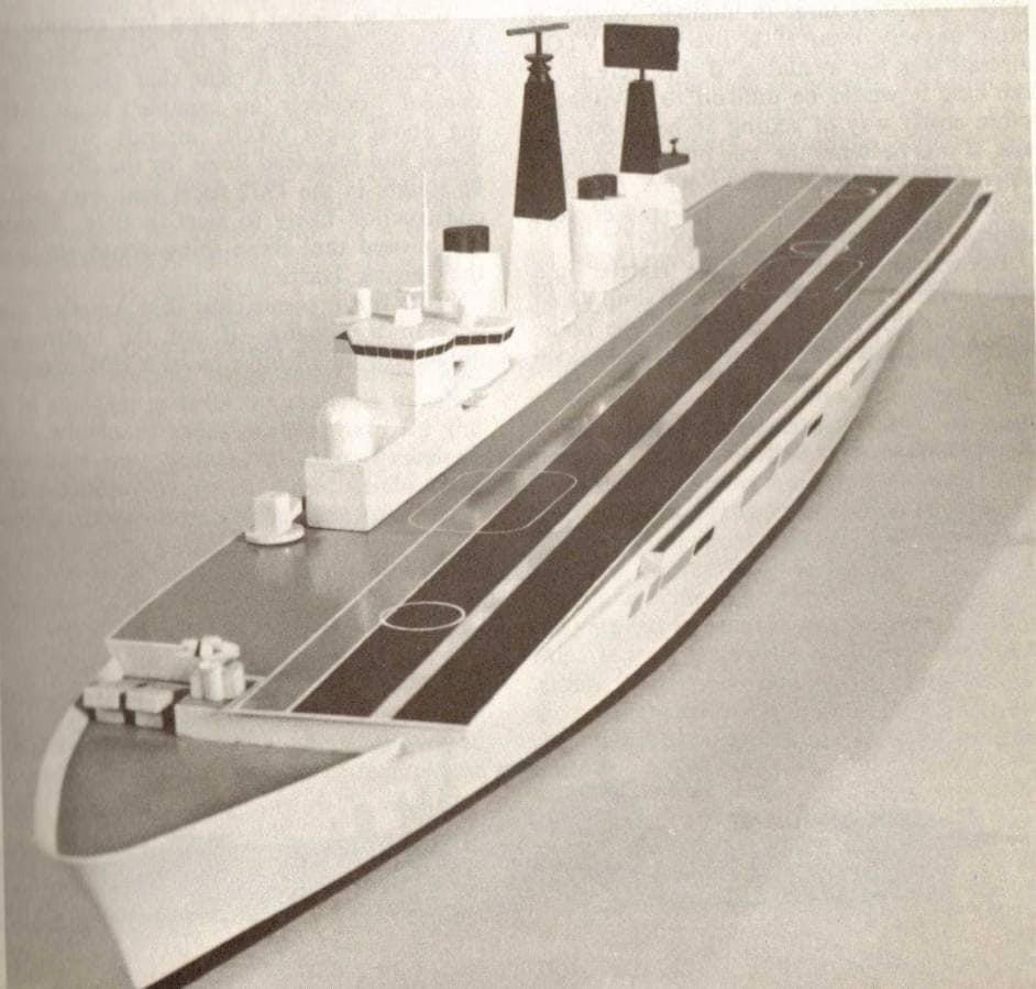 The first MOD model of the Invincible class through-deck cruiser
 
Exocet box launchers which didn't make it to the final design and the Type 965 radar located on a mast further aft.

There is a slight angle to the runway and no blast deflector for the Seadart missile system.