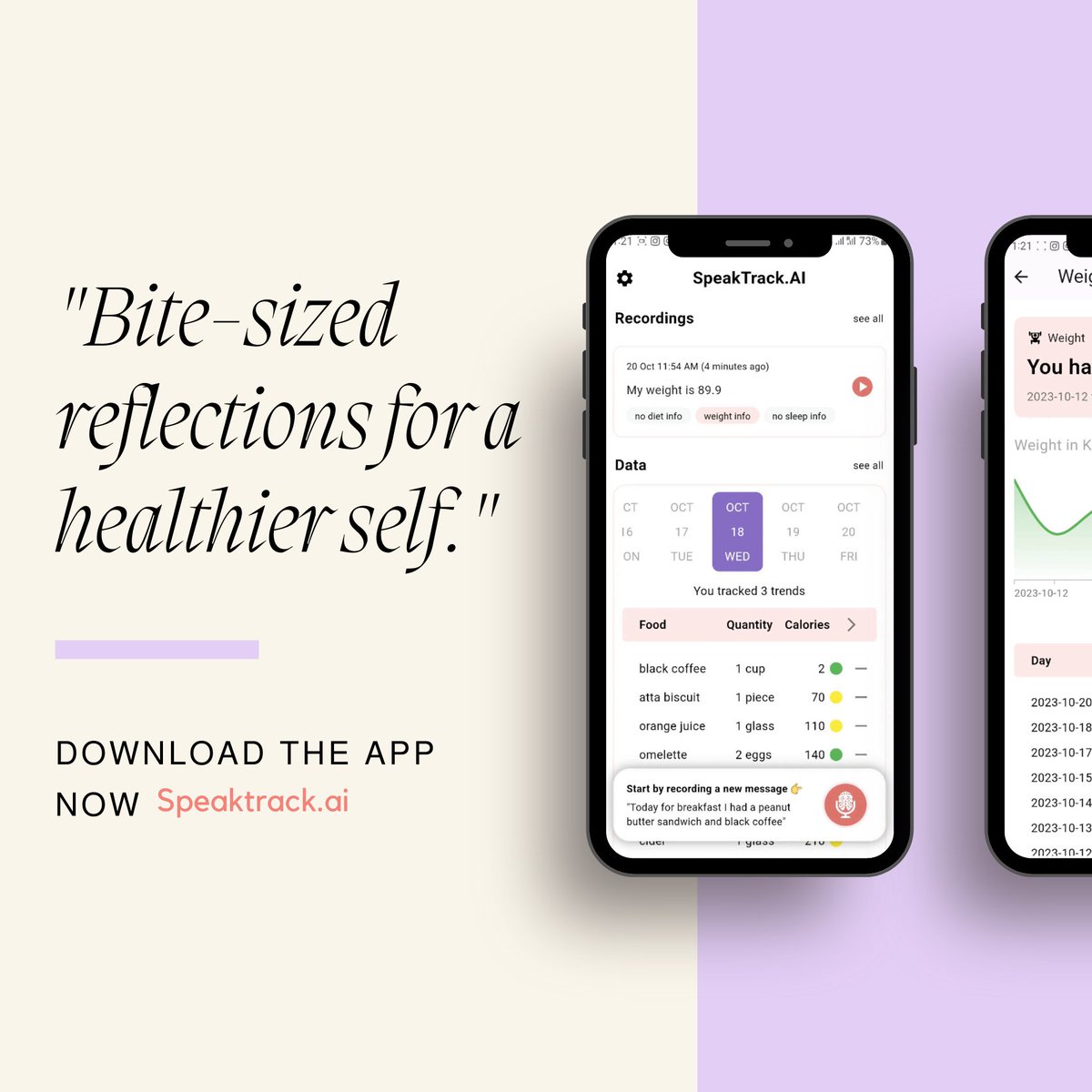 🚀 Embrace effortless meal tracking with SpeakTrackAI! 🍽️🗣️ Just chat about your meals and let our AI do the rest. Perfect for sharing insights with health pros. Your journey to a healthier lifestyle is just a conversation away! #SpeakTrackAI #HealthTech #AIWellness