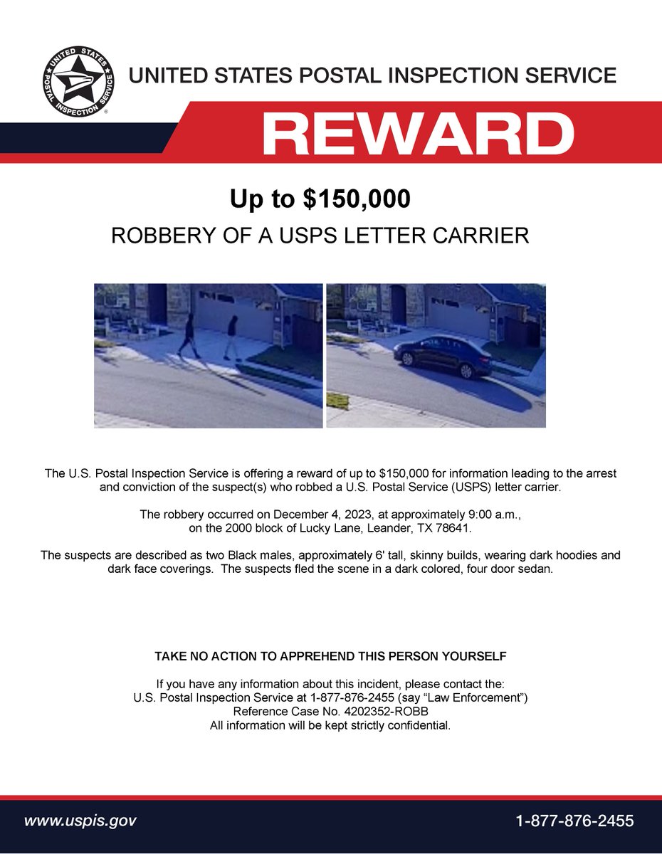 We just received this reward poster from the US Postal Service. They are seeking information relating to the recent postal worker robbery in Williamson County.