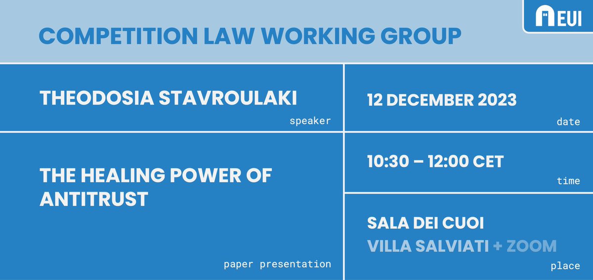 Competition Law Working Group | EUI (@eui_clwg) on Twitter photo Next week Tuesday, Theodosia Stavroulaki (<a href="/TStavroulaki/">Theodosia Stavroulaki</a>) is joining us to present her on-going work on hospital deserts in rural America and the role of antitrust in tackling this problem.
📍 in-person + zoom
🔗 register here: apps.eui.eu/EventRegistrat… Next week Tuesday, Theodosia Stavroulaki (<a href="/TStavroulaki/">Theodosia Stavroulaki</a>) is joining us to present her on-going work on hospital deserts in rural America and the role of antitrust in tackling this problem.
📍 in-person + zoom
🔗 register here: apps.eui.eu/EventRegistrat…