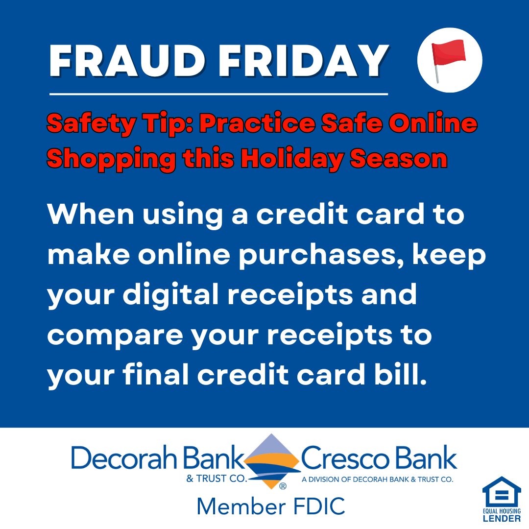 DecorahBank's tweet image. Don’t let fraudsters steal your hard-earned money! Use this safety tip to stay safe and secure. #FraudFriday 🚩