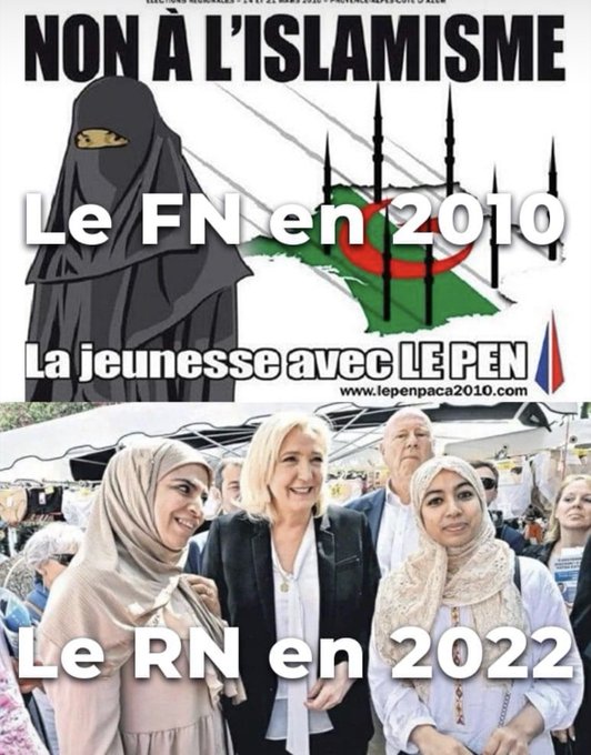 RoseLouise48520's tweet photo. @Azoulay07700 oui, ça s'appelle "absence organisée" et oui le #RN a bien changé et fait aussi du clientélisme électoral ! En 2017, #MLP disait qu'elle interdirait le voile si élue, et en 2022, elle faisait des selfies avec des voilées ! Le député #Hebrard a même inauguré une mosquée ! https://t.co/JXTWjmbIFn