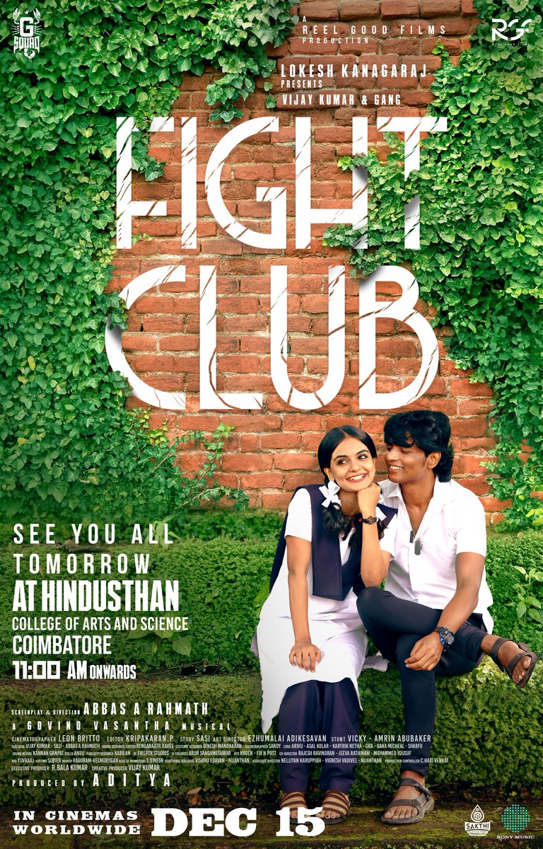 The gang is set and ready in Coimbatore! See you all tomorrow at Hindustan College of Arts and Science, 11 AM onwards 👊❤️

<a href="/Dir_Lokesh/">Lokesh Kanagaraj</a> <a href="/Vijay_B_Kumar/">Vijay Kumar</a> @reelgood_adi @Abbas_A_Rahmath @reel_good_films <a href="/GSquadOffl/">GSquad</a> @mytrimonisha #GovindVasantha <a href="/SonyMusicSouth/">Sony Music South India</a> <a href="/SakthiFilmFctry/">Sakthi Film Factory</a>