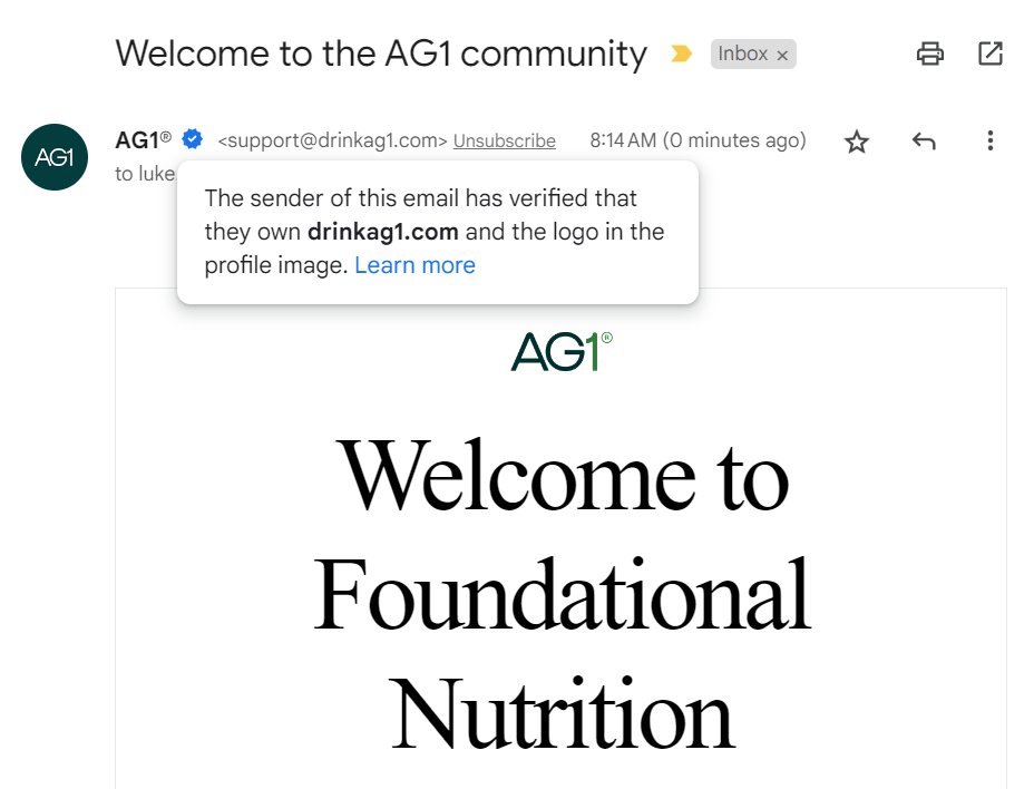 🥬 Just like AG1 keeps us energized and healthy, their newly minted BIMI VMC ensures their emails are always in peak condition too! Proud to see our long-time friends at <a href="/drink_AG1/">AG1</a> leveling up in cyber wellness. Here’s to more green goodness in our inboxes! #AG1 #CyberFit