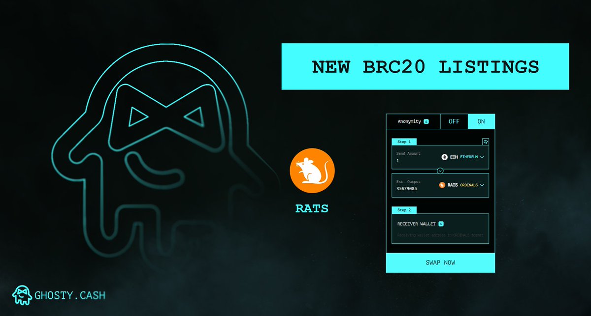 GhostyCash's tweet photo. 👻👻 LISTING ALERT 👻👻

@GhostyCash extended its #BRC20 Token list and added #RATS $RATS

Let's get from #ETH into #Ordinal and explore a new world on #BTC https://t.co/geKURUy06h