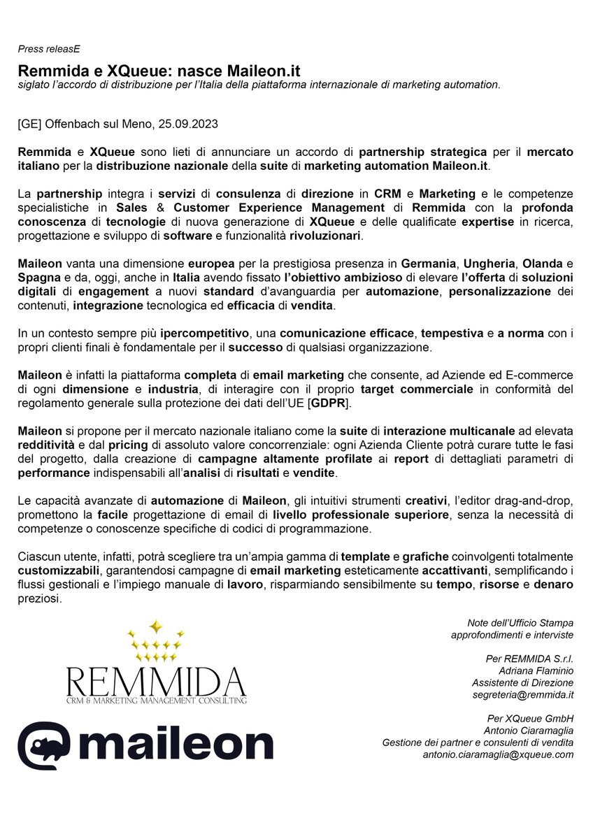 maileonitalia's tweet image. #Pressrelease
@REMMIDA e @XQueue: nasce #MaileonItalia!

Siglato l’accordo di #distribuzione per l’#Italia della piattaforma internazionale di #marketingautomation.
.
#comunicatostampa #partner #partnership #distributore #emailmarketing #newsletter #email #emailing #sms #mobile