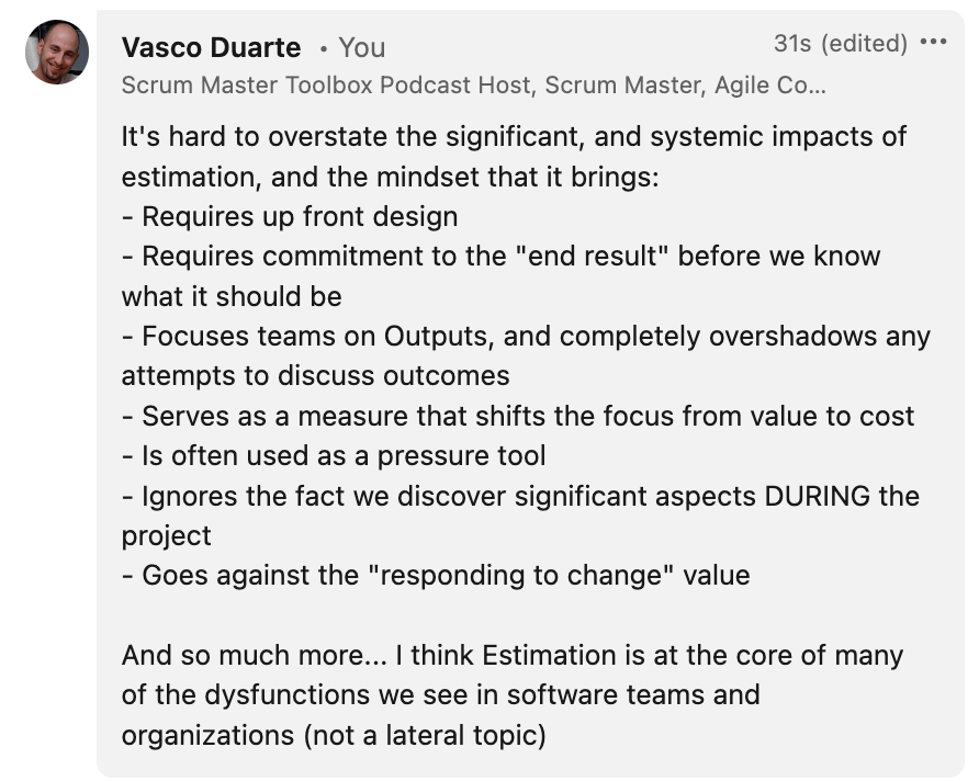 duarte_vasco's tweet photo. It's very, very hard to overstate the HUGE impacts that estimation has in software teams, some are even catastrophic! All because of estimation.
#NoEstimates https://t.co/ft7U6LXIZS