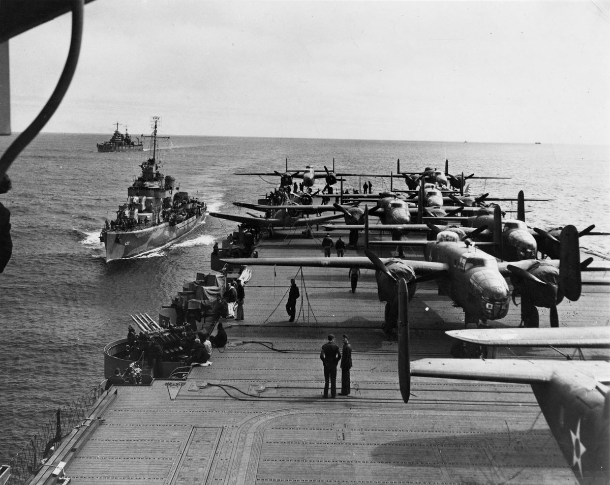 My Uncle joined the Navy on Dec 8. Pic from Hornet’s deck during the Doolittle Raid. I like it because Vincennes is screening in the background. I know at the moment this was taken he was onboard doing his job. She fought at Midway and lost at Guadalcanal. He dove off her fantail