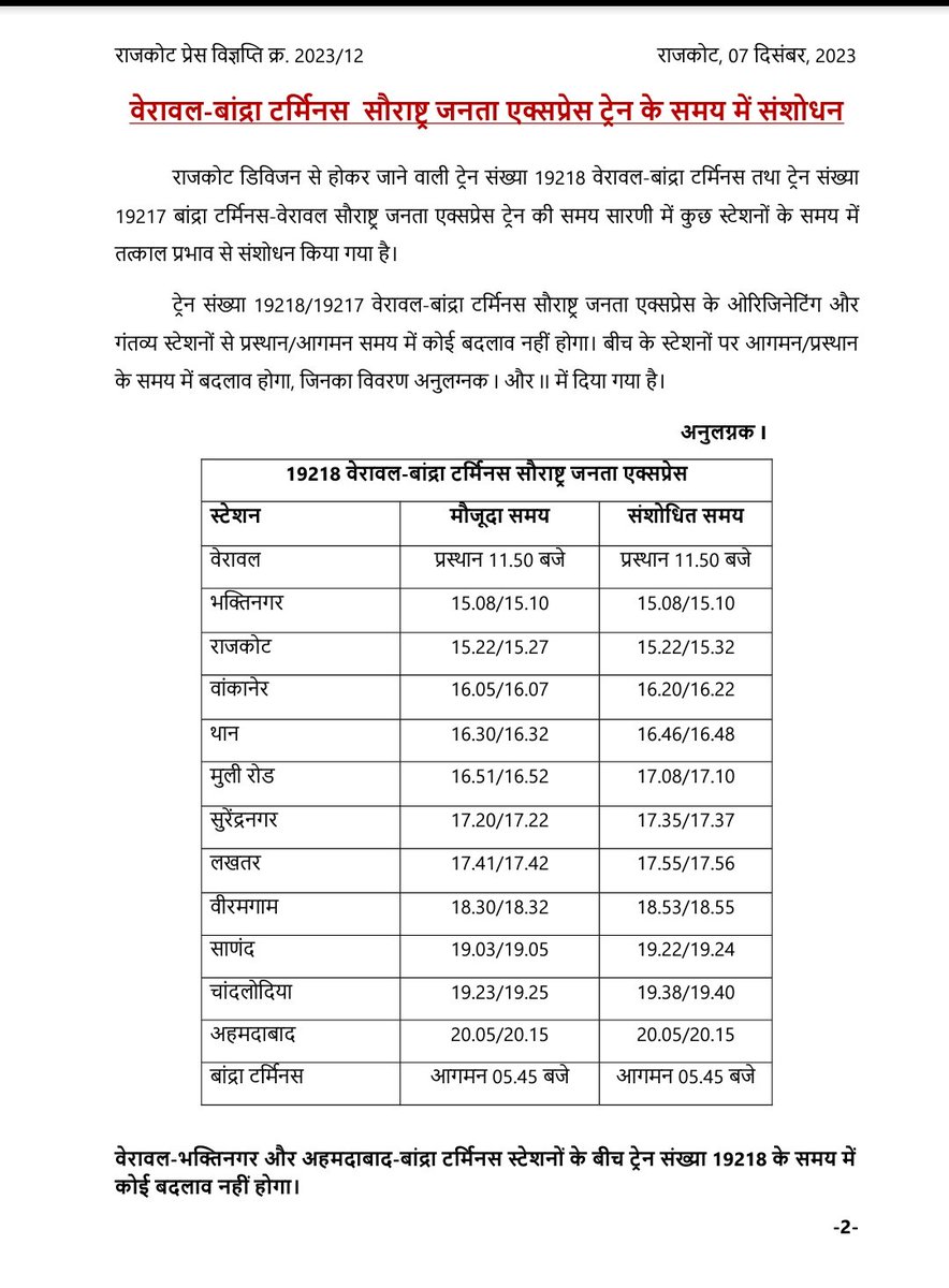 wrdrmrjt's tweet photo. वेरावल-बांद्रा टर्मिनस  सौराष्ट्र जनता एक्सप्रेस ट्रेन के समय में संशोधन। વેરાવળ-બાંદ્રા ટર્મિનસ સૌરાષ્ટ્ર જનતા એક્સપ્રેસ ટ્રેનના સમયમાં ફેરફાર. https://t.co/a2ZRRo1AAb