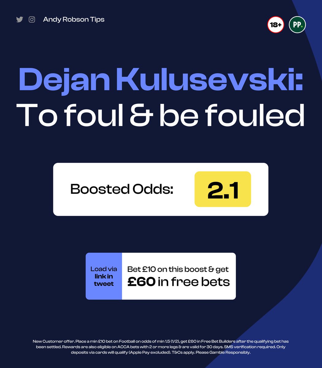 AndyRobsonTips's tweet photo. 🚀 Kulusevski: to foul &amp; be fouled @ 2.1

Load Boost: https://t.co/lRzotHiTLk

🎁 Join Paddy Power, bet £10 on my Boost &amp; get £60 in Free Bets.

Claim offer: https://t.co/qkGr7534cT

✅ Last night’s Boost won at 2.5.

18+, T&amp;Cs Apply. Ad. https://t.co/8UKmmnfdbX