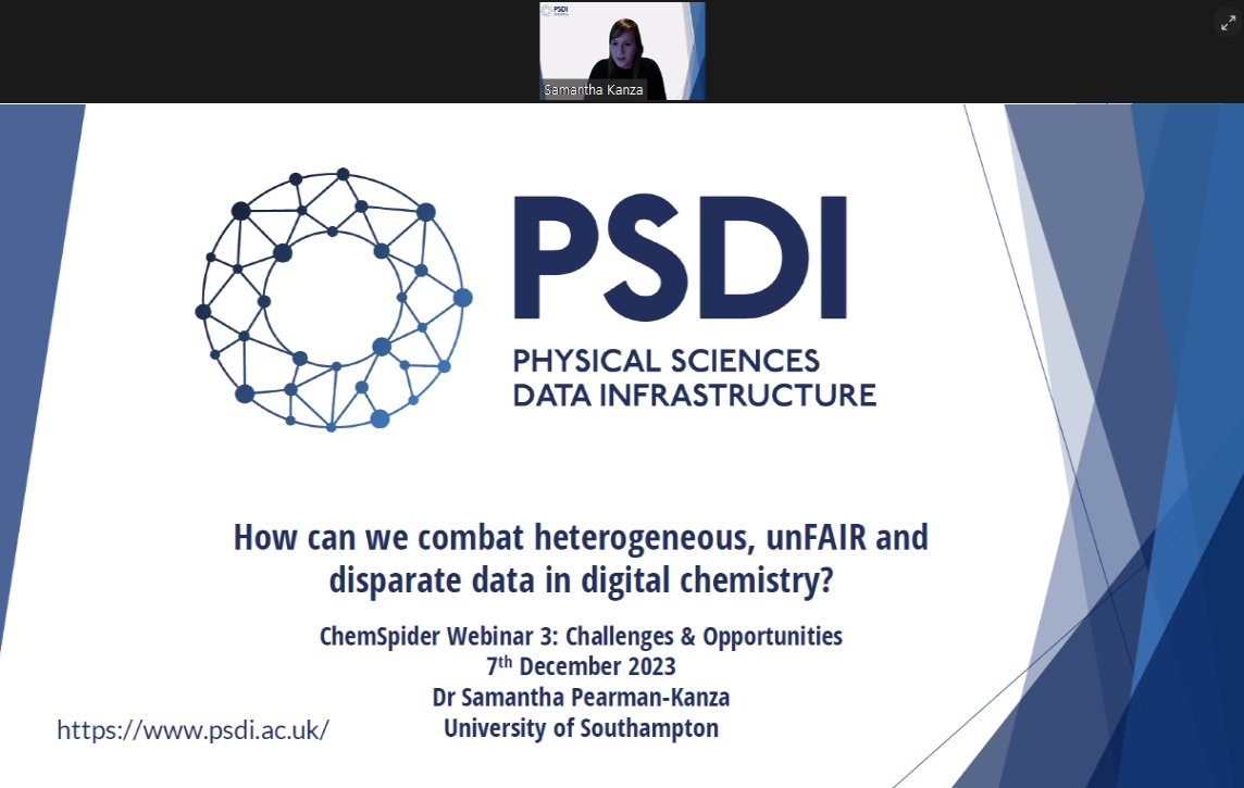 PSDI_UK's tweet image. @SamiKanza presenting today at the @ChemSpider webinar. If you didn&apos;t manage to attend live, make sure to check out the website later for recordings.
blogs.rsc.org/chemspider/202…
#ELN #ProcessRecording #FAIR