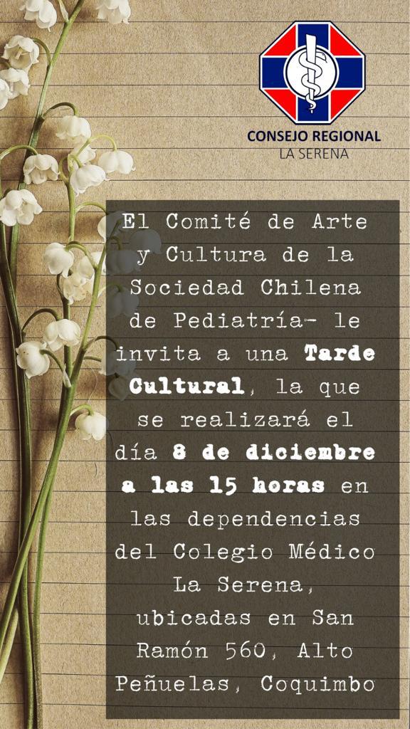 colmedlaserena's tweet photo. TARDE CULTURAL EN EL COLMED LA SERENA Estimados/as, los dejamos nuevamente con esta importante actividad, organizada por la @sochipe
y que se llevará a cabo en nuestra sede del @colmedlaserena mañana viernes 8 de diciembre desde las 15:00 hrs.  Los esperamos! https://t.co/6L7GKdJFIs