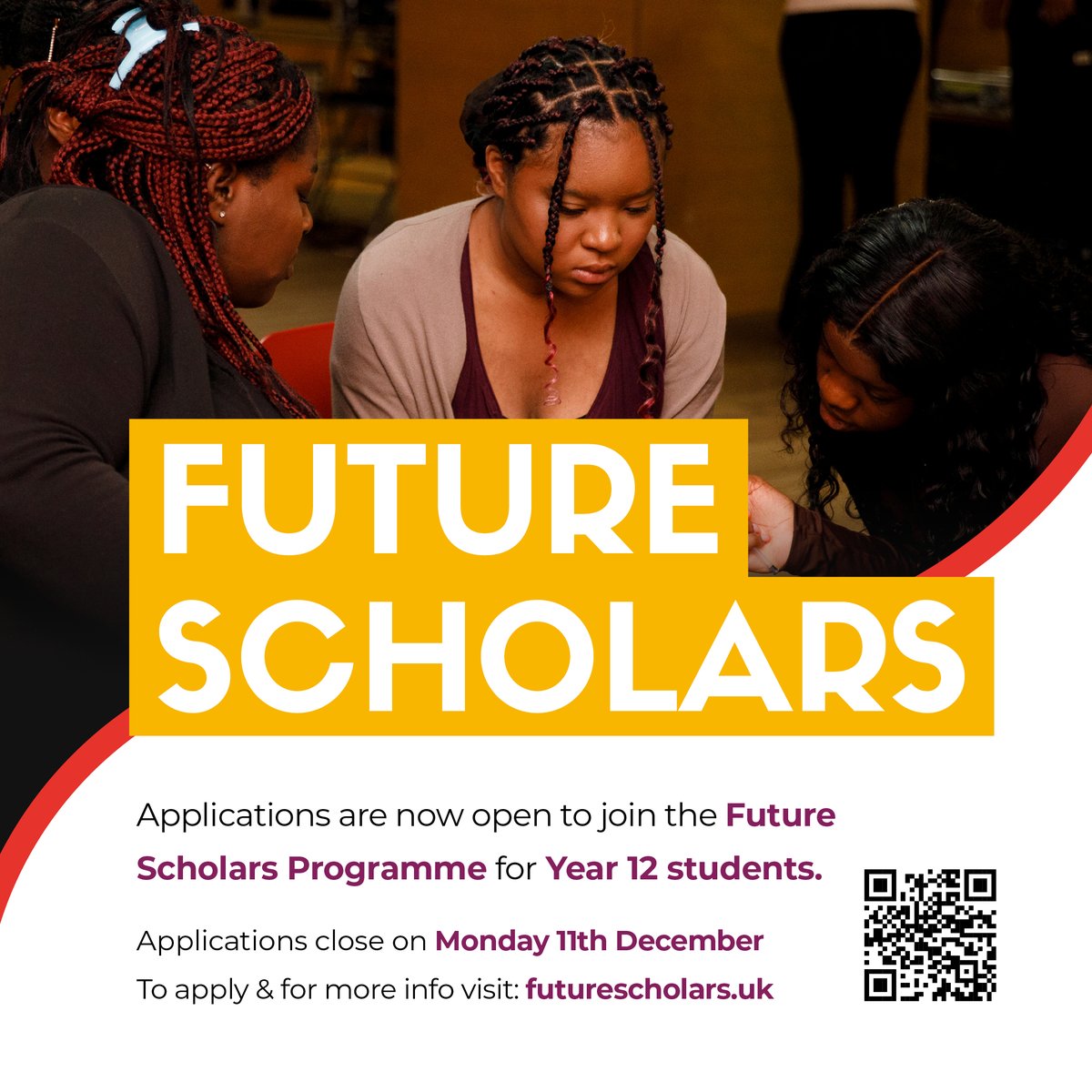 📣 Applications are open for our Year 12 Future Scholars Programme! 📣 Considering applying to university and looking for guidance, support, & a community of like-minded people? This programme is for you! Deadline EXTENDED to Wed 20 Dec Apply here: futurescholars.uk