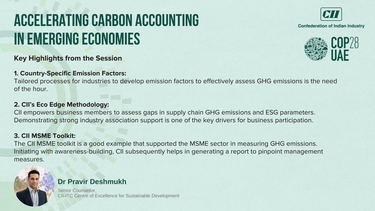 <a href="/FollowCII/">Confederation of Indian Industry</a> Business Delegation Member <a href="/pravir_ibbi/">Pravir Deshmukh</a> spoke at the session 'Accelerating Carbon Accounting in Emerging Economies’ at #COP28. He highlighted the importance of tailored solutions, industry support, &amp; awareness in advancing GHG accounting &amp; sustainability. @CIIatCOP28