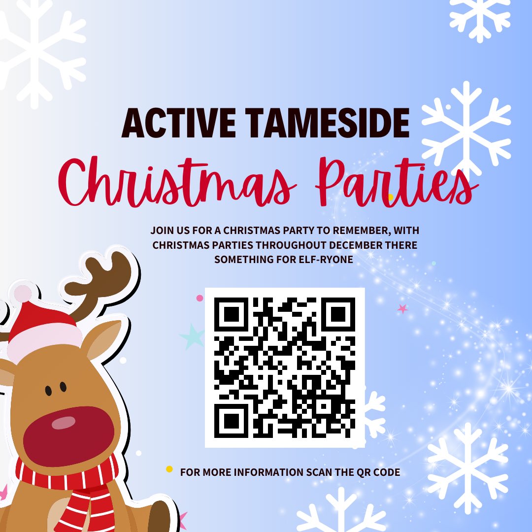 Take a look at the Christmas Parties on offer at Active Tameside throughout December 👀🎄 To book in for one of the Christmas parties either scan the QR code below or follow the link: eequ.org/christmasparti… #activetameside #fuel4fun #togethertameside #christmasintameside