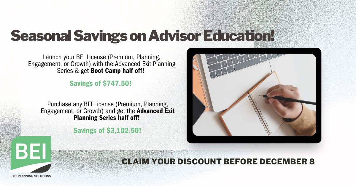 BEIJJohnson's tweet photo. Enhance Your Planning Solutions and Expertise with Effective Techniques! 

Seasonal savings on advisor education ending soon, claim your discount now! https://t.co/zLWRz0bIs6
#BEINetwork #ExitPlanning #BEI #Business https://t.co/ApPzEDKFFJ